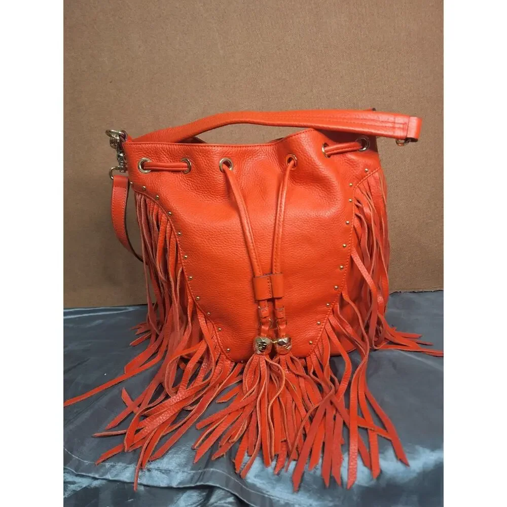 Dolce Vita Collection Womens Western Red Leather Backpack Bucket Purse W/Fringes